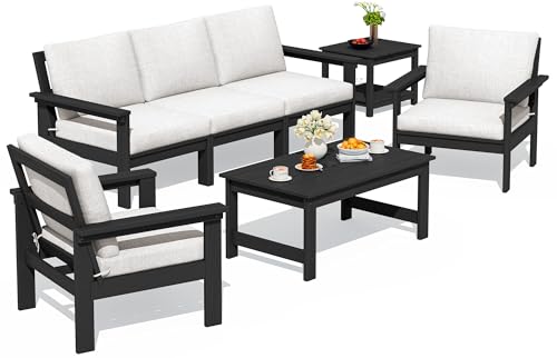 SERWALL HDPE Patio Furniture Set, 7-piece Outdoor Sectional Sofa Set, All Weather Outdoor Couch Set for Deck, Lawn, Black Frame with Khaki Cushion