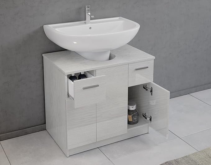 Mama Store Under-Sink Column Base Cabinet with a sink installed, showing open doors and drawers.