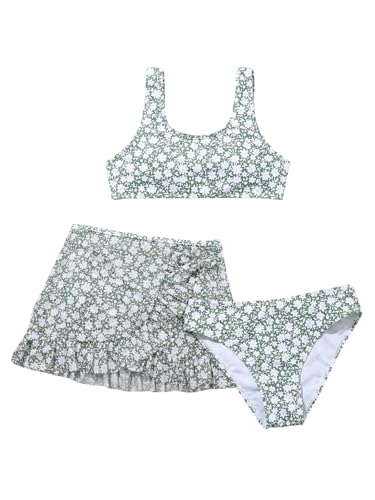 Image of WDIRARA Girl's Floral Print Bikini Set 3 Piece Swimsuits Bathing Suits with Cover Up Skirt Multicolor 12 Years