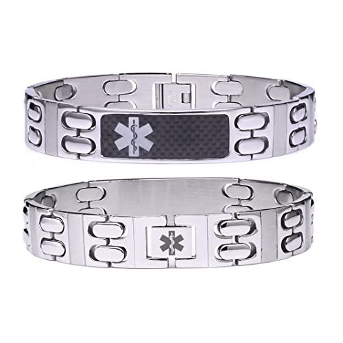 LinnaLove Personalized Medical Alert Bracelet for Men-Free Engraving Black Carbon Fiber Style Medic ID Bracelet for Allergy Diabetic Epilepsy (8.5")