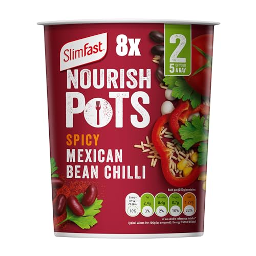 SlimFast Nourish Pot Spicy Mexican Bean Chilli, Ready Meal, Low in Sugar and Fat, Healthy Vegan Lunch, Source of Protein, Instant Noodles Alternative, Multipack, 8 x 60 g