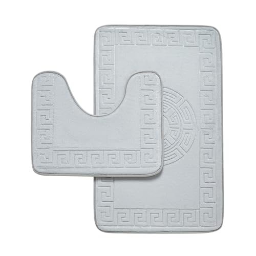 GC GAVENO CAVAILIA Memory Foam Bath Mat Non Slip - Extra Soft Highly Water Absorbent Bathroom Mat Sets 2 Piece - Greek Toilet Rug (50 x 80 cm) & Pedestal Set (50 x 40 cm) - Washable - Grey