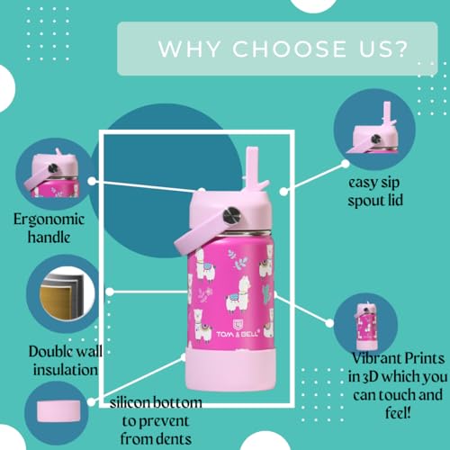 Image of TOM & BELL Insulated Water Bottle for Kids 350ml,Double Wall Water Bottle for School, Sipper Bottle,Hot and Cold, Premium 304 Stainless Steel, with silicon bottom sleeve(Alpaca350, 350 ml)