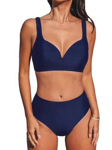 CUPSHE Conjunto de bikini para mujer, traje de baño de dos piezas, cuello corazón, cintura alta, alambre en V, entrecruzado, cordones y tirantes ajustables, azul marino, XL