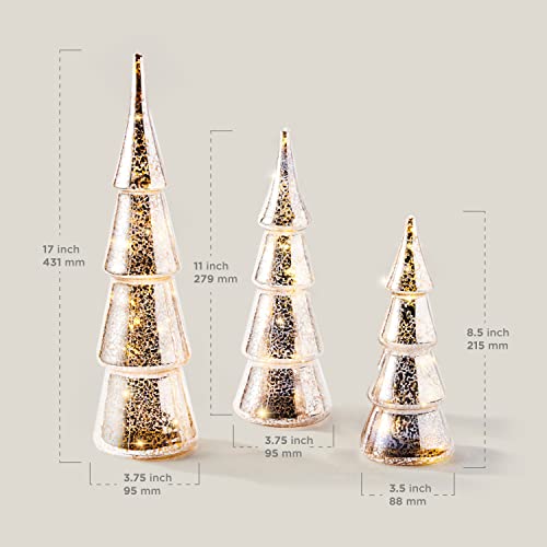 Lamplust Mercury Glass Christmas Tree Decoration - Set Of 3 Assorted Trees With Fairy Lights, 10 Inch Tall, Silver Finish, Batteries Included, Holiday Table Centerpiece Or Mantle Decor #TOP1