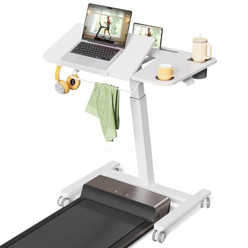 Image of JOY worker Mobile Standing Desk for Treadmill, 31.5 inch Small Pneumatic Height Adjustable Walking Pad Desk, 40 Foldable Rolling Bike Trainer Stand Table on Wheels with Cup Holder & Towel Rack, White