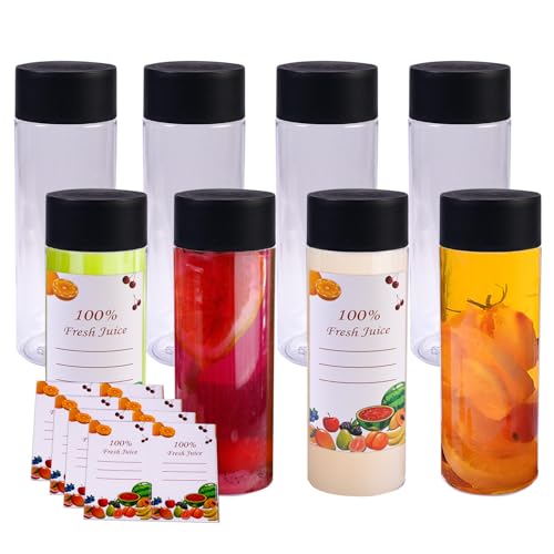 LFBEST 8 plastikowych butelek na sok, 300 ml przezroczyste plastikowe butelki dla zwierząt, pojemniki na napoje wielokrotnego użytku z czarnymi pokrywkami i 8 etykietami na sok, mleko