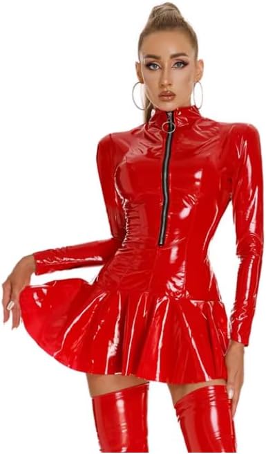 Womens Black Latex Long Sleeve Patent Leather Ruffle Dress Party Glossy Wet Look Stand Collar Bodycon Zipper Mini Dresses,Long Red,XL