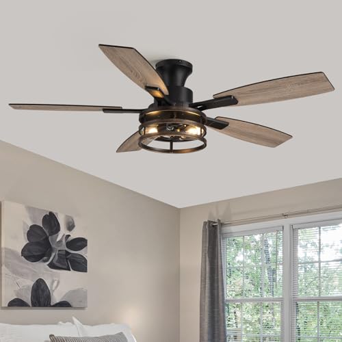 Image of 52 Inch Flush Mount Ceiling Fans with Lights and Remote Control, Low Profile Farmhouse Ceiling Fan for Bedroom Living Room and Patio, Black Caged Ceiling Fan for Indoor and Outdoor(No Bulb)