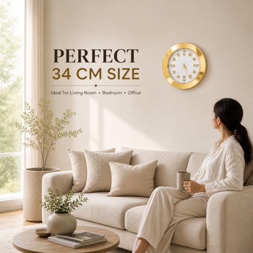 Image of ARMONIA Aurelia Wall Clock | 34 cm Medium Luxury Wall Clock |Silent Non-Ticking | Modern Decorative Clock for Living Room,Bedroom,Dining Room & Office (Gold Glossy Finish,Metal)