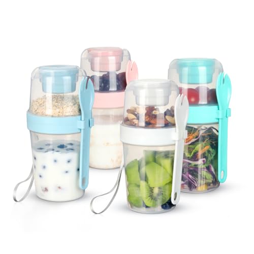 AIEVE 4 Stk. Müslibecher to go Müsli Becher mit Löffel 2 in 1 Joghurtbecher für Unterwegs（2 Schichten, 310ml+560ml）