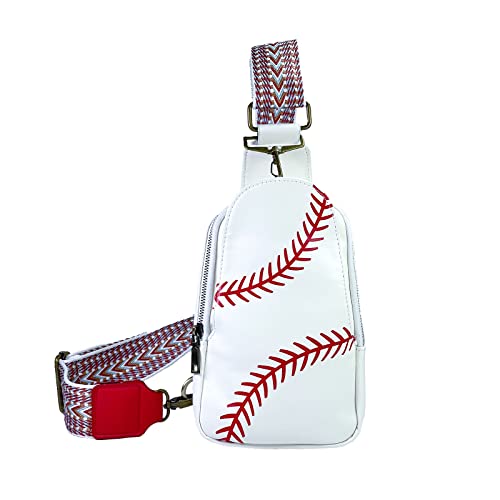 FAYBA Small Sling Bag for Women Crossbody Bag, Baseball Print PU Leather Wide Guitar Strap Chest Sling Backpack Purse
