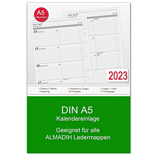 A5 Kalendereinlage 2023 (1 Woche auf 2 Seiten) für ALMADIH Ledermappen: A5 Organizer- Ersatz Kalender Einlagen Zeitplaner Time-Planer Wochenkalendarium Jahresplan 4 sprachig (A5 1 Woche 2 Seiten 2023) Cover