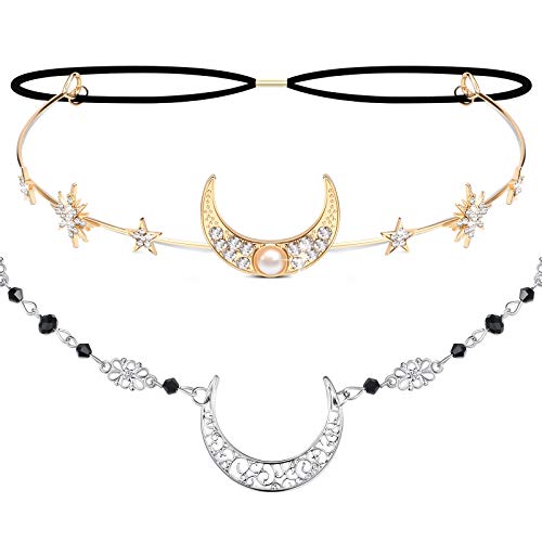 2 Pieces Boho Moon Head Chain Vintage Jewelry Headband Crystal Headpieces Moon Star Hair Accessories Hair Jewelry Headpiece Forehead Chain for Women Girls
