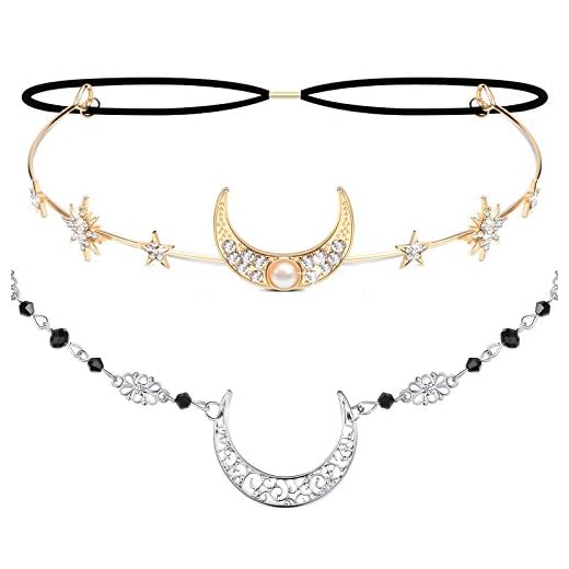 2 Pieces Boho Moon Head Chain Vintage Jewelry Headband Crystal Headpieces Moon Star Hair Accessories Hair Jewelry Headpiece Forehead Chain for Women Girls