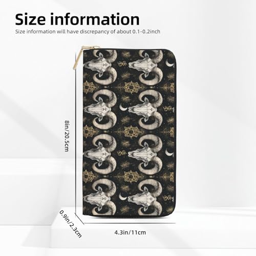 Leather Thin Slim Wallets for Women & Men - Mystic Ram Skull Print Card Wallet Holder with Zipper2