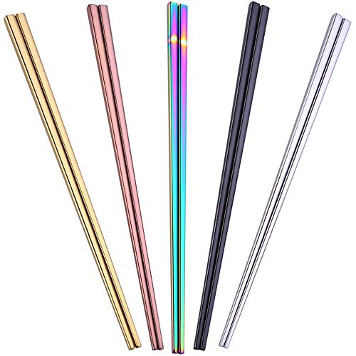 N\O 5 Pares de Palillos de Acero Inoxidable, Reutilizables Antideslizante Palillos de Metal Ligero, Multicolores pulidos 23cm Forma Cuadrada Hueca Palillos(Plata, Oro, Rosa, Arco Iris, Negro)