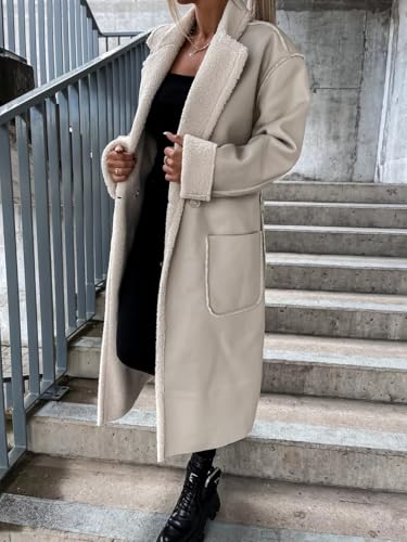 Women Trench Coat Long Loose Jacket Faux PU Leather Lamb's Wool Classic Soft Lapel Overcoat with Belt4
