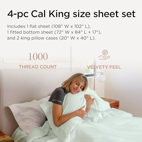 Threadmill California King Sheets, Certified American Supima Cotton Sheets, 1000 Thread Count Hotel Quality, 4 Piece Luxury Bed Sheets Set with Elasticized Extra Deep Pocket, Seaglass