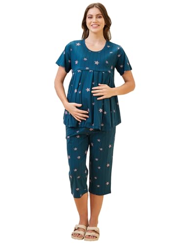 Image of AV2 Women's Cotton Printed Maternity & Feeding Night Suit Set of Top & Relaxed Capri Nursing Night Dress -2124