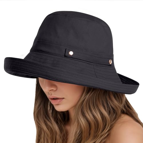KEOYA Women's Cotton Linen Bucket Hat Wide Brim Sun Hat with SPF50+ Adjustable Button Detachable Elastic Cord Black
