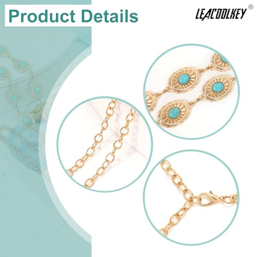 Image of LEACOOLKEY Women Turquoise Concho Chain Waist Belt Silver Western Cowgirl Metal Chain Belt for Dress Adjustable