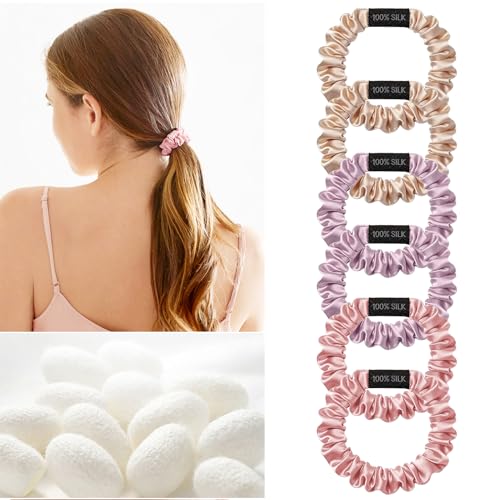 Image of THXSILK 100% Mulberry Silk Small Scrunchies 6-Pack, 25 Momme Low Profile Hair Ties for Fine Hair, Sleek No Damage Ponytail Holders for Everyday Use(Beige, Light Purple, Pink)