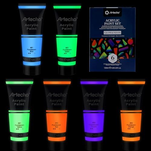 Artecho Acrylfarbe Leuchtfarbe (6er-Pack) 120 ml, Wasserfest und Lichtecht, Schnell Trocknend, Acrylfarbe für Leinwand, Holz, Stoff, Handwerk, Leder und Stein.