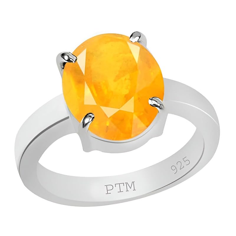 PTM 925 Sterling Silver Yellow Sapphire (Pukhraj) 3.25 to 10.25 Ratti or 3.00 to 9.50 carat Astrological Gemstone Bis Hallmark Ring for Men & Women