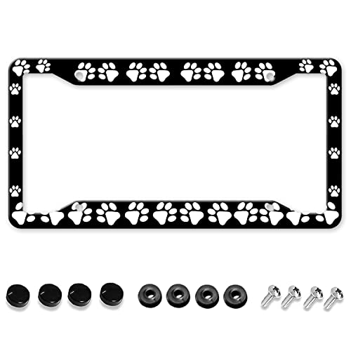 License Plate Frames Dog Cat Paw Print Black Cute License Plate Holder Funny Aluminum Vintage Front Car Frame Cover Decor with 4 Holes for Women Men() - GUWEI GW-26