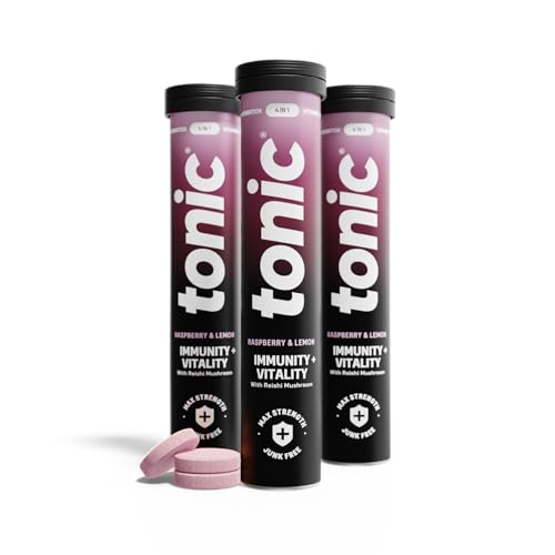 Tonic Health Daily Immunity Tablets - 4-in-1 Effervescent Multivitamins, Minerals & Phytonutrients - Vitamin D, Vitamin C and Zinc - Vegan, No Sugar- Max Strength Tablets, Raspberry & Lemon, 60 Count
