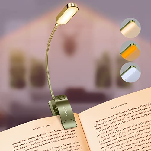 Gritin 16 LED Rechargeable Book Light for Reading in Bed- Eye Caring 3 Color Temperatures, Stepless Dimming Brightness, 80 Hrs Runtime, Lightweight Flexible Clip on Light for Book Lovers-Dark Green