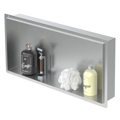 LuxeBath Nicho de Ducha de Acero Inoxidable 60x30x10cm cm Plata Marco de Pared sin Borde Empotrado Estante Integrado Instalación Flexible para Almacenamiento Organizador de Utensilios para Baño