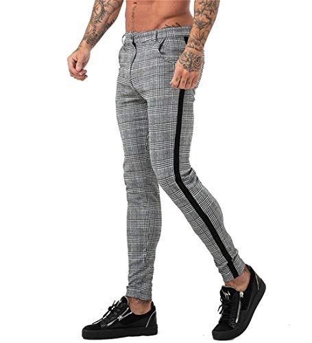 Men's Gray Plaid Slim Fit Stretch Flat-Front Skinny Dress Pants4
