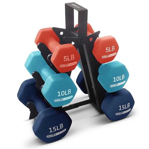 HolaHatha Dumbbell Hand Weights Set & Rack for Home Workout, 60 Lbs, Blue/Red