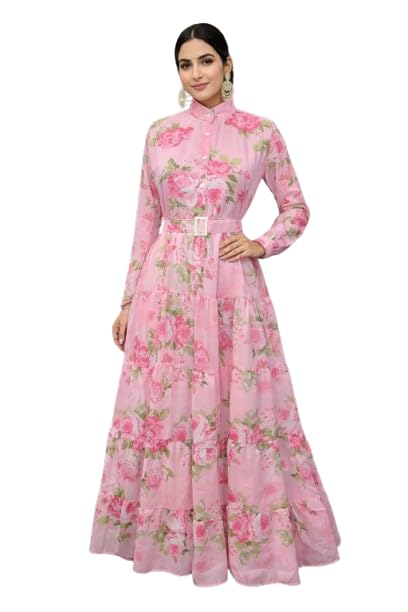 Pink Color Georgette Fabric with Crepe Lining for no transparancy Shirt Color with opnable Button Floral Print Shirt Style Cuffs Puff Sleeve Pattern with Belt Without-image-13