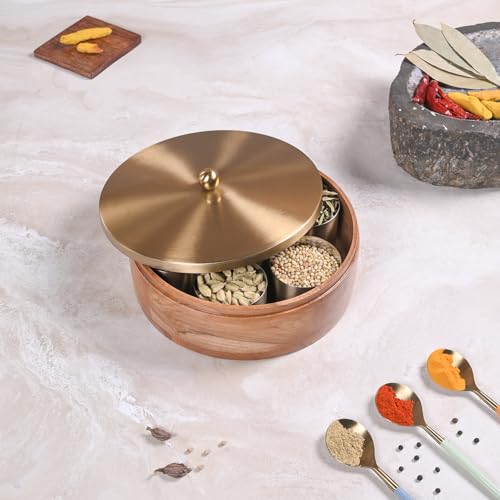 Image of Wooden Masala & Chapati Box Combo - Wooden Masala Box (7 Stainless Steel Jars + Spoon) & Wooden Chapati /Roti Box (Stainless Steel Brass Lid + Tong) - Gold (Plane)