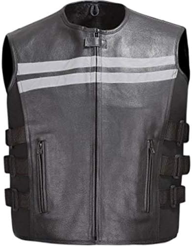 Men Cowhide Leather Motorcycle Biker Vest Reflective Stripes Black