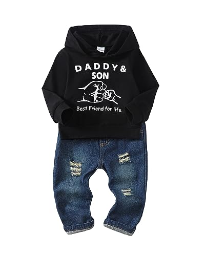Image of Renotemy Toddler Baby Boy Clothes Denim Outfits Infant Hooded Sweatshirt Jeans Pants Little Boys Clothing