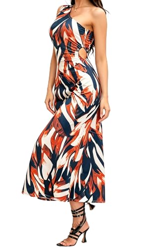 Image of One Shoulder Dress for Women 2026 Summer Print Sleeveless Cut Out Ruched Party Bodycon Maxi Dresses