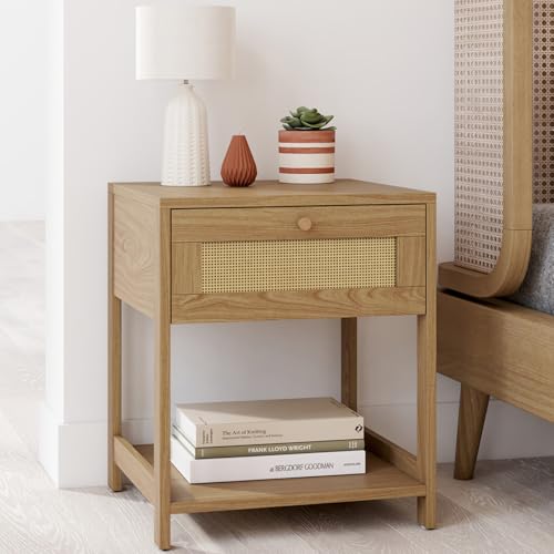 IDMarket – Juego de 2 mesitas de noche HANAE Vintage 1 cajón con estante efecto natural cannage