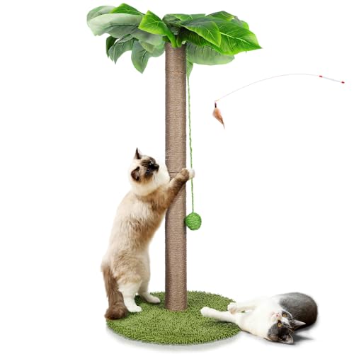Masthome Griffoir pour Chats, 85 Cm Poteau Chat, Colonne en Sisal Naturel et Base de Couverture en Moquette Douce avec Boule Suspendue, Griffoir pour Chats de Tous âGes - Vert