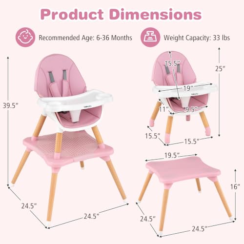 Image of BABY JOY 6 in 1 High Chair, Convertible High Chairs for Babies and Toddlers /Booster Seat /Table and Chair Set, Infant Wooden Highchair w / 5-Point Harness, 4-Position Removable Tray & PU Cushion (Pink)