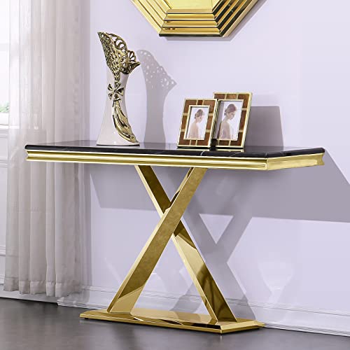 Acedécor Console Table, Sofa Table With 50" Rectangle Top And X-Shape Metal Base For Living Room, Hallway, Entrance, In Black Gold #TOP22