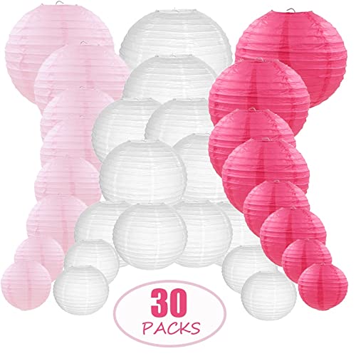Papierlaternen-Dekoration, handgefertigter Lampenschirm aus Papier, 30 Stück, 10,2–30,5 cm, weiß, hellrosa, Rosen-Papierlaterne, runde Laterne, Papier-Lampion, Hochzeit, Outdoor, Hängedekoration, Papi