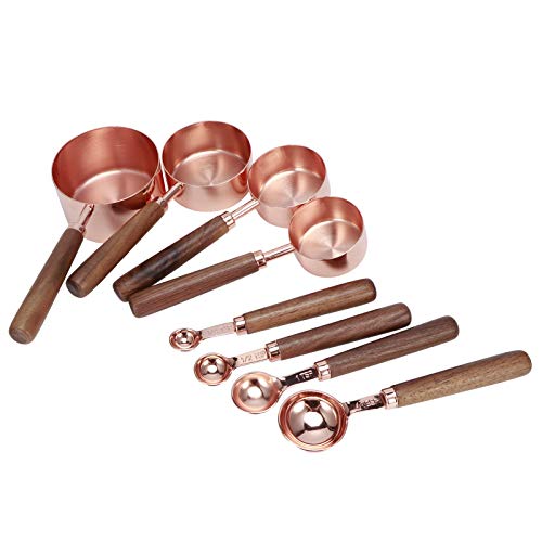 8Pcs Rose Gold Measuring Cups and Spoons Set Stainless Steel Stackable with Walnut Wood Handles for Kitchen Baking Cooking