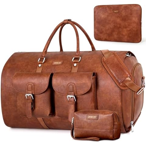 Garment Bag for Travel, Convertible Carry on Garment Duffel Bag for Men 3Pcs, Faux Leather Waterproof Large Weekender Bag for Men 2 in 1 Hanging Suitcase Suit Dress Business Travel Bag Cover