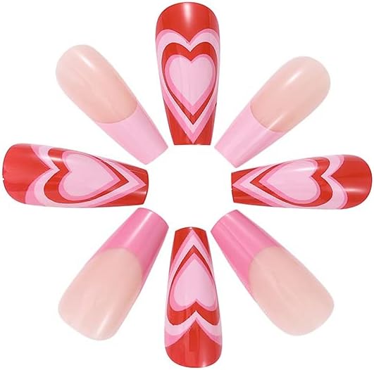 Vatocu Coffin Glossy False Nails Long Red Pink Press on Nails French Heart Fake Nails Nude Full Cover Ballerina Acrylic Stick on Nails for Women and Girls(24pcs) - Image 4