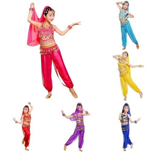 Generico Bambina Costume per Danza del Ventre Ragazza Set 3 Pezzi Crop Top con Paillettes Nappe Pantaloni Lunghi in Chiffon Catena in Vita Vestito Danza Ventre Belly Dancewaer