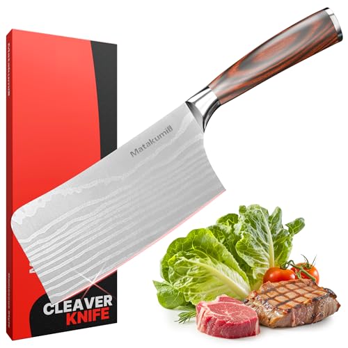 Matakumi Hacha de Cocina Cuchillo 18 cm Hoja – 7 Pulgadas Extra Afilado Cuchillo Carnicero Profesional Estilo Damasco – Cuchillo Chef Profesional Hecho de Acero Inoxidable